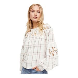 Free People Darling Diana Top Women's Small White Pink Gray Smocked Lace Floral